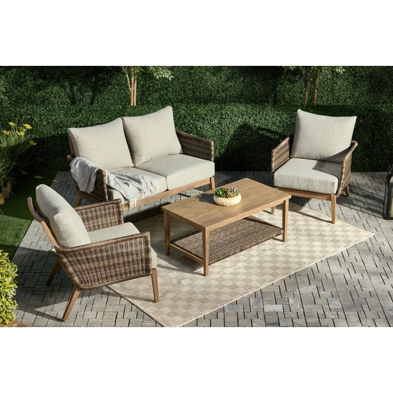 AE Outdoor Brookside 4-Piece Wicker Steel Outdoor Conversation Set w/ Gray Cushions Patio Furniture