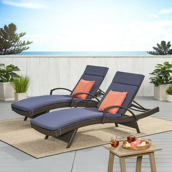 Brookside Outdoor Wicker Adjustable Chaise Lounge with Arms w/ NAVY BLUE Cushion (Set of 2)