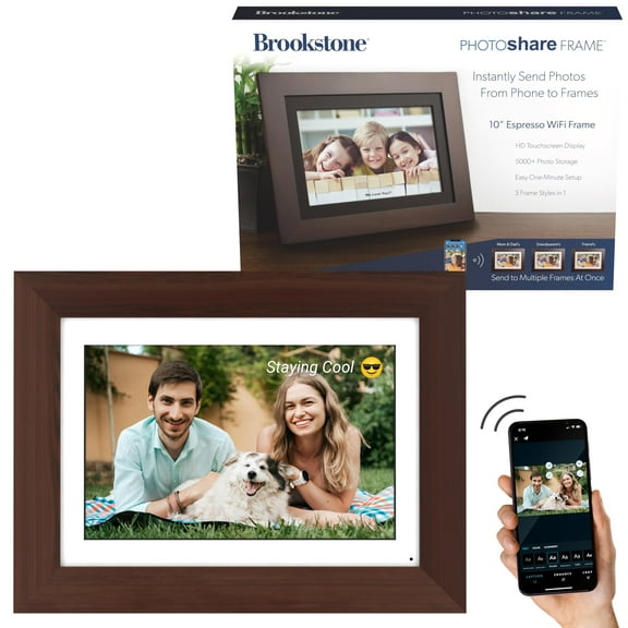 Brookstone 10.1 WiFi Digital Photo Frame | Send Photo or Video from Phone to Digital Picture Frame with Free PhotoShare Frame v2 app | End-to-End Encryption | Quick Easy Setup | Black Wood