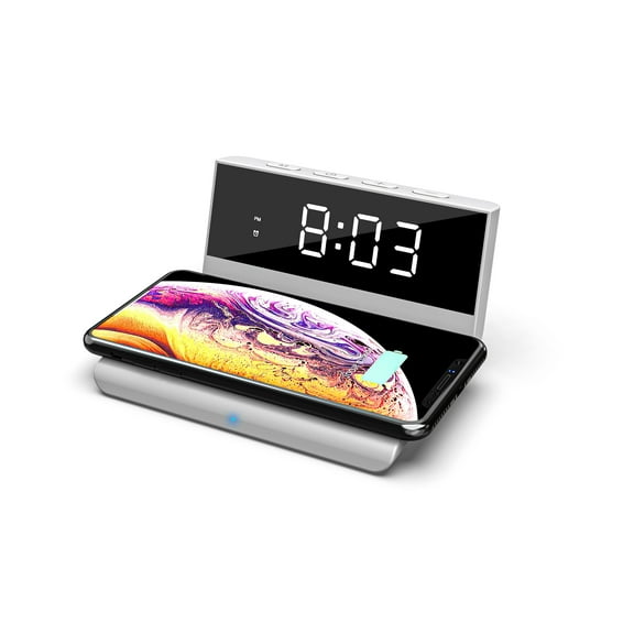 Brookstone 2-in-1 Wireless Charging Alarm Clock Night Stand - LED Display, Dual Alarms - Qi-Certified for iPhone, Samsung, Airpods (White)