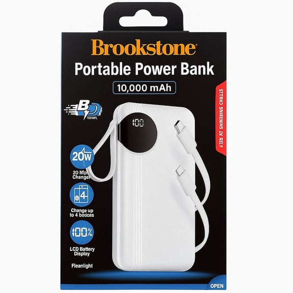 Brookstone 20W 10000mAh Power Bank Battery with Integrated USB-C and Lightning Charging Cables - White