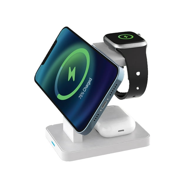 Brookstone 3-in-1 Magsafe Wireless Charging Station - Qi-Certified Charging Stand for iPhone, Apple Watch, AirPods - Magnetic Wireless Charging Dock For Simplified, Organized Charging (White)