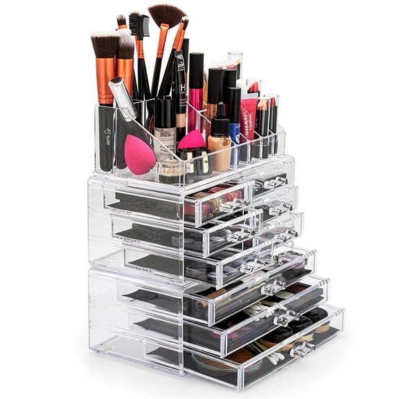Brookstone Acrylic Makeup Organizer with 9 Drawers and 16 Slots Jewlery Cosmetics Storage Box