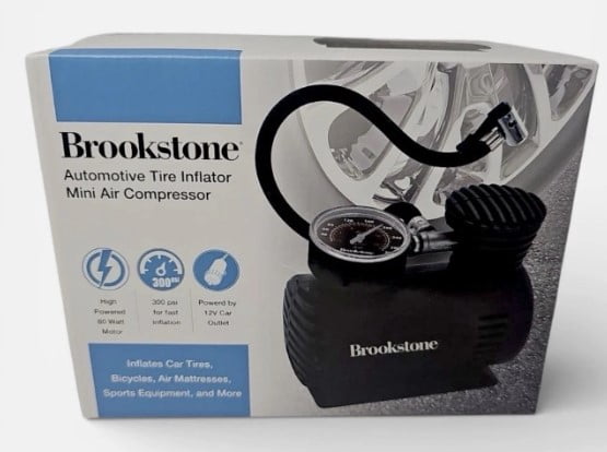 Brookstone Automotive Tire Inflator Mini Air Compressor, 12V Portable Air Pump, 300 PSI, Black