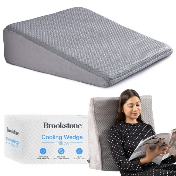 Brookstone Cooling Comfort Bed Wedge Pillow Supportive Memory Foam, Multi-Position Incline for Headboard & Leg Elevation, Cooling Touch Fiber, Machine Washable Cover, 24'' x 24'' x 7.5'' - Gray