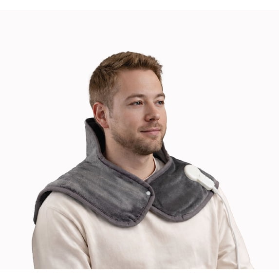 Brookstone Heated Weighted Neck & Shoulder Pad – 21” x 22" Electric Heating Pad for Neck, Shoulders & Upper Back, 4 Heat Settings, LCD Controller, Soft Plush Fabric, 2-Hour Auto Shut-Off