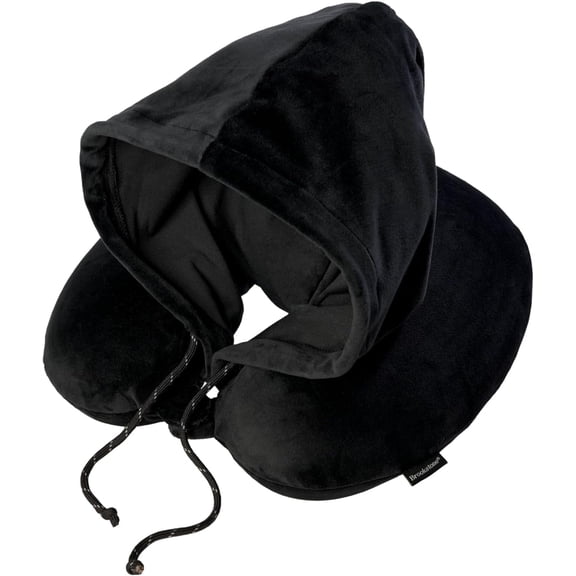 Brookstone Hooded Memory Foam Neck Travel Pillow with Light-Blocking Fabric and Drawstring
