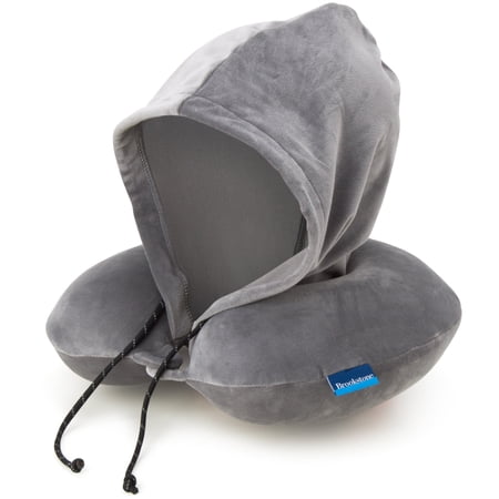 Brookstone Hooded Neck Pillow Memory Foam Neck Support Sleep Travel Pillow with Adjustable Hood