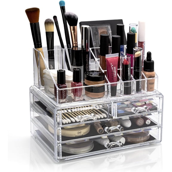 Brookstone Acrylic Makeup Organizer with Drawers, Vanity Cosmetic Display Case, Clear