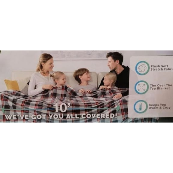 Brookstone Soft Huge XL Red Black Gray Checker Blanket Polyester Spandex 10ft