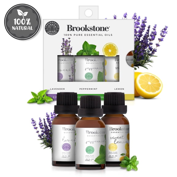 Brookstone Spa Collection 100% Pure & Natural Lavender, Peppermint, Sweet Lemon Essential Oil 3 Pack