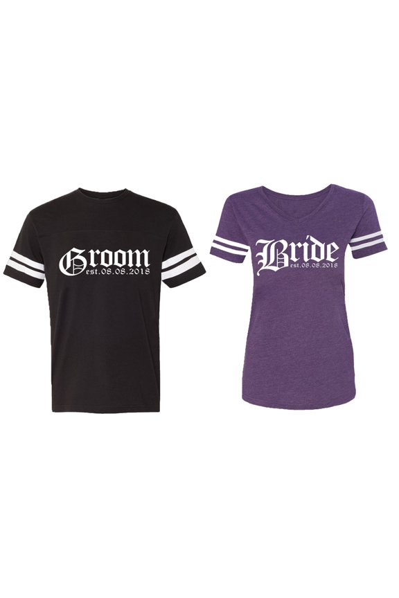 Broom Bride Matching Couple Cotton Jerseys (Men Black / Women Purple) (Men L / Women M)