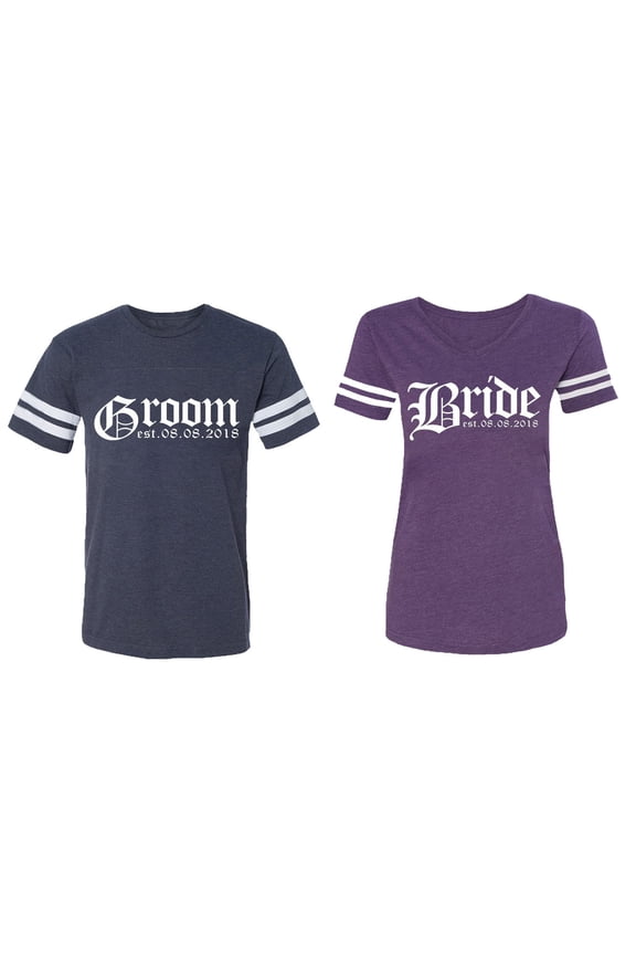 Broom Bride Matching Couple Cotton Jerseys (Men Navy / Women Purple) (Men XXL / Women XXL)
