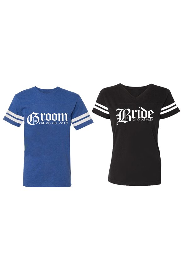 Broom Bride Matching Couple Cotton Jerseys (Men Royal / Women Black) (Men S / Women S)