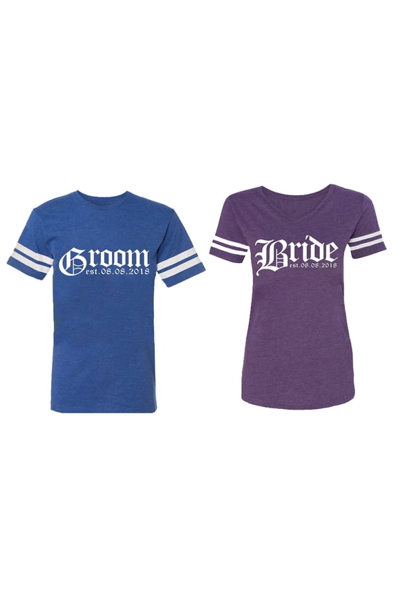Broom Bride Matching Couple Cotton Jerseys (Men Royal / Women Purple) (Men L / Women L)