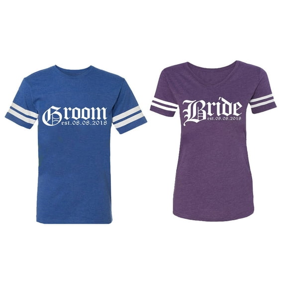 Broom Bride Matching Couple Cotton Jerseys (Men Royal / Women Purple) (Men XL / Women L)
