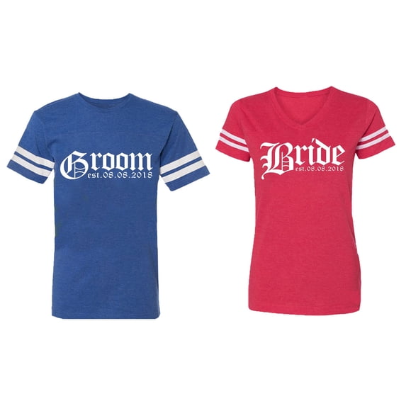 Broom Bride Matching Couple Cotton Jerseys (Men Royal / Women Red) (Men L / Women XXL)
