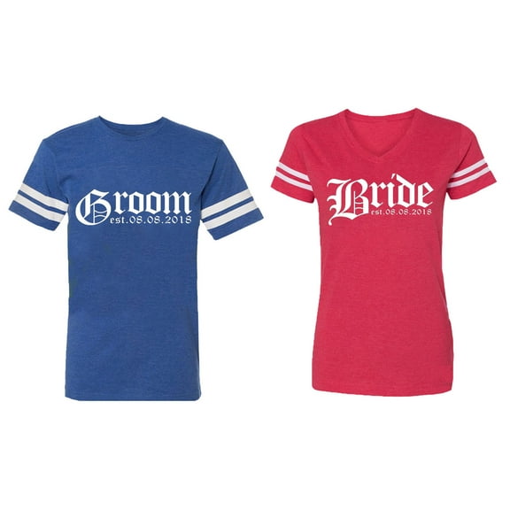 Broom Bride Matching Couple Cotton Jerseys (Men Royal / Women Red) (Men XXL / Women S)