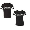 thumbnail image 1 of Broom Bride Unisex Couple Matching Cotton Jersey style T-Shirt Contrasting stripes on sleeves (Men Black / Women Black) (Men S / Women L), 1 of 3