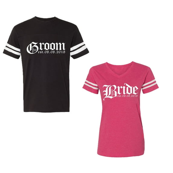 Broom Bride Unisex Couple Matching Cotton Jersey style T-Shirt Contrasting stripes on sleeves (Men Black / Women Pink) (Men M / Women XXL)