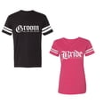 thumbnail image 1 of Broom Bride Unisex Couple Matching Cotton Jersey style T-Shirt Contrasting stripes on sleeves (Men Black / Women Pink) (Men S / Women XL), 1 of 3