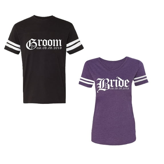 Broom Bride Unisex Couple Matching Cotton Jersey style T-Shirt Contrasting stripes on sleeves (Men Black / Women Purple) (Men XL / Women S)