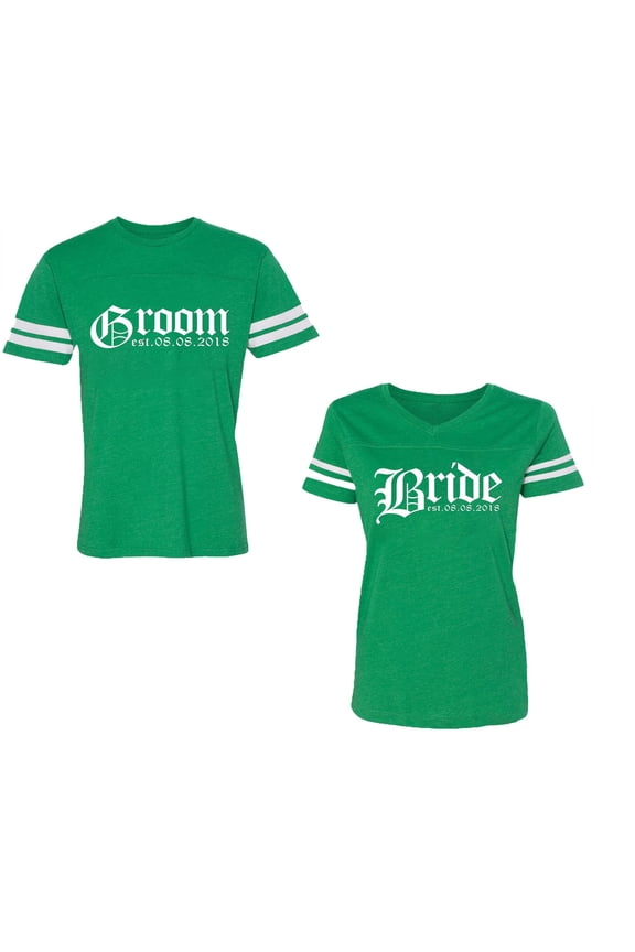 Broom Bride Unisex Couple Matching Cotton Jersey style T-Shirt Contrasting stripes on sleeves (Men Green / Women Green) (Men L / Women M)