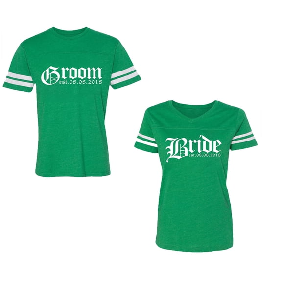 Broom Bride Unisex Couple Matching Cotton Jersey style T-Shirt Contrasting stripes on sleeves (Men Green / Women Green) (Men L / Women M)