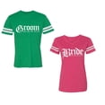 thumbnail image 1 of Broom Bride Unisex Couple Matching Cotton Jersey style T-Shirt Contrasting stripes on sleeves (Men Green / Women Pink) (Men S / Women L), 1 of 3