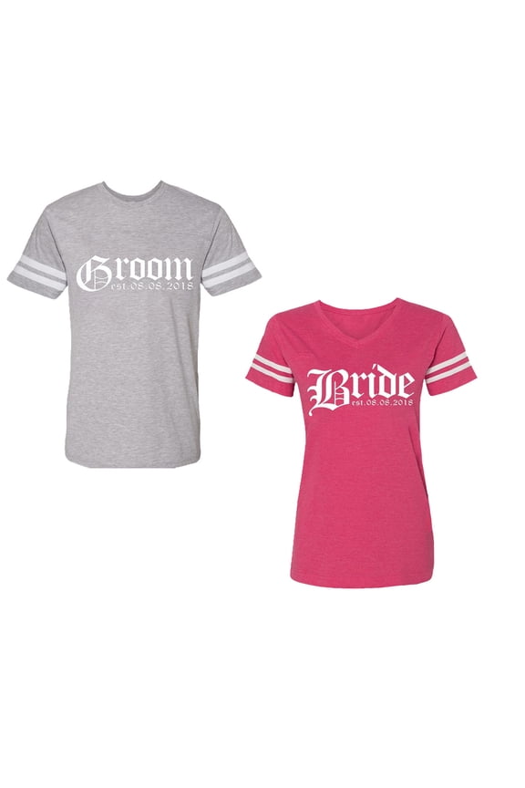Broom Bride Unisex Couple Matching Cotton Jersey style T-Shirt Contrasting stripes on sleeves (Men Heather / Women Pink) (Men M / Women M)