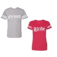 thumbnail image 1 of Broom Bride Unisex Couple Matching Cotton Jersey style T-Shirt Contrasting stripes on sleeves (Men Heather / Women Red) (Men M / Women S), 1 of 3