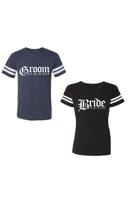 Broom Bride Unisex Couple Matching Cotton Jersey style T-Shirt Contrasting stripes on sleeves (Men Navy / Women Black) (Men L / Women L)