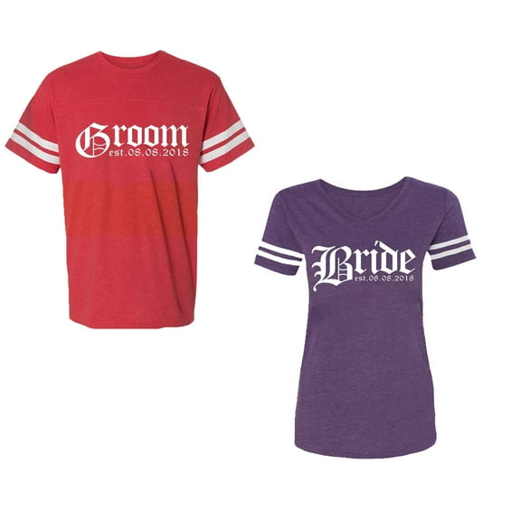 Broom Bride Unisex Couple Matching Cotton Jersey style T-Shirt Contrasting stripes on sleeves (Men Red / Women Purple) (Men XXL / Women XL)