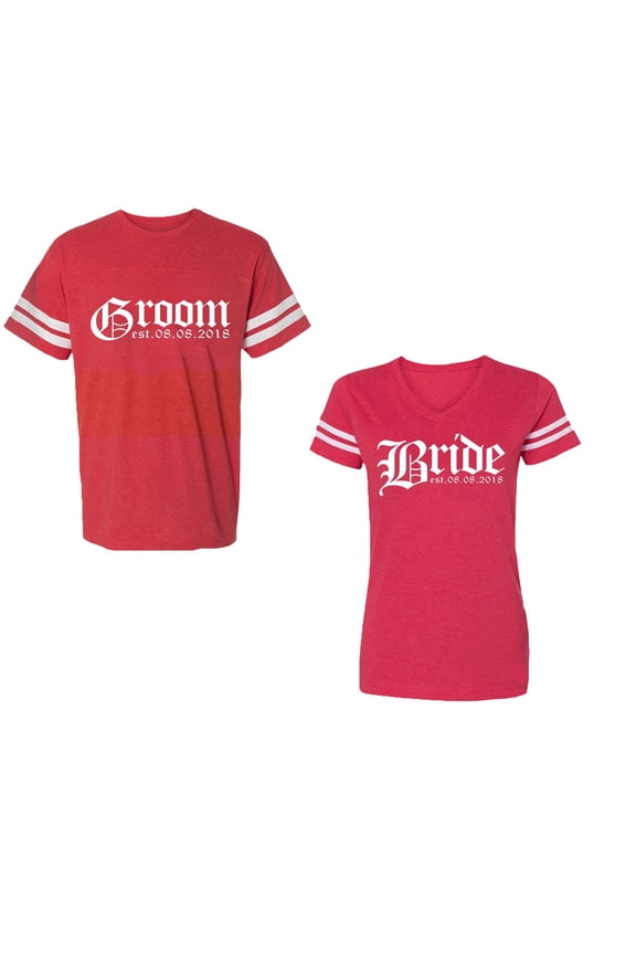 Broom Bride Unisex Couple Matching Cotton Jersey style T-Shirt Contrasting stripes on sleeves (Men Red / Women Red) (Men L / Women L)