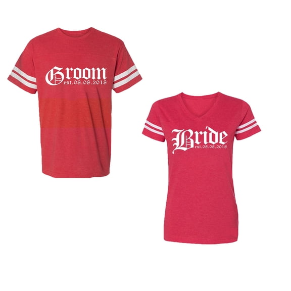 Broom Bride Unisex Couple Matching Cotton Jersey style T-Shirt Contrasting stripes on sleeves (Men Red / Women Red) (Men S / Women M)