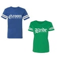 thumbnail image 1 of Broom Bride Unisex Couple Matching Cotton Jersey style T-Shirt Contrasting stripes on sleeves (Men Royal / Women Green) (Men XXXL / Women XXL), 1 of 3