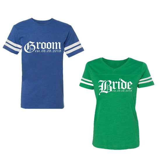 Broom Bride Unisex Couple Matching Cotton Jersey style T-Shirt Contrasting stripes on sleeves (Men Royal / Women Green) (Men XXXL / Women XXL)