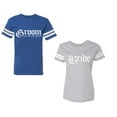 thumbnail image 1 of Broom Bride Unisex Couple Matching Cotton Jersey style T-Shirt Contrasting stripes on sleeves (Men Royal / Women Heather) (Men XL / Women XXL), 1 of 3