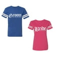 thumbnail image 1 of Broom Bride Unisex Couple Matching Cotton Jersey style T-Shirt Contrasting stripes on sleeves (Men Royal / Women Pink) (Men L / Women M), 1 of 3