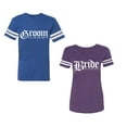 thumbnail image 1 of Broom Bride Unisex Couple Matching Cotton Jersey style T-Shirt Contrasting stripes on sleeves (Men Royal / Women Purple) (Men L / Women S), 1 of 3