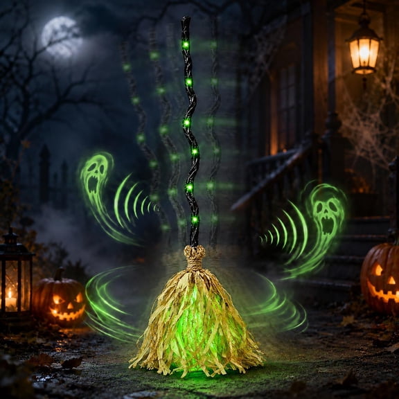 Broom Broom Halloween Moving Witch Broom, Dancing Halloween Broom With Lights Sound, 35" Animated Floating Decor For Indoor Outdoor Parties