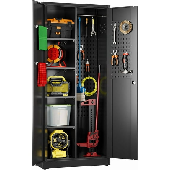 Broom Closet Storage Cabinet with 5 Pegboard, Hanging Rod &13 Hooks, Utility Metal Garage Storage Cabinets with Doors and 4 Shelves for for Garage Home Storage, Black,61.6" Hx27.6 Wx13.8 D