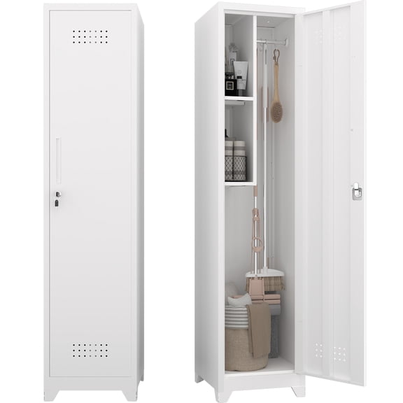 Broom Closet Storage Cabinet,65" H Slim Tool Cabinets with Locking Door and 2 Shelves,Utility Cabinet with Hanging Rod and Hooks for Home Office,White