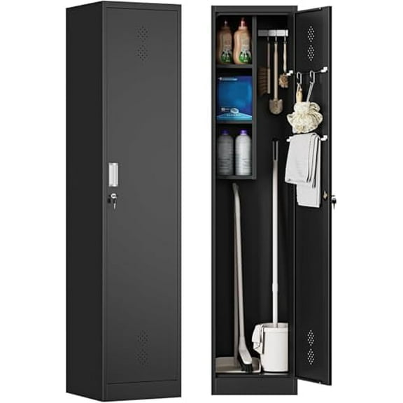 Broom Closet Storage Cabinet,Metal Cleaning Supply Tool Cabinet,Utility Cabinets for Brooms & Mops Black Garage Organization Cabinet for Laundry Room, Bathroom$$Tools