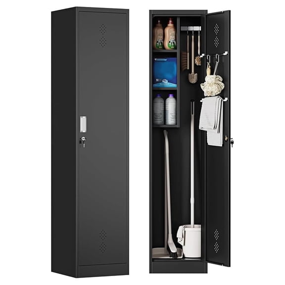 Broom Closet Storage Cabinet,Metal Cleaning Supply Tool Cabinet,Utility Cabinets for Brooms & Mops Black Garage Organization Cabinet for Laundry Room, Bathroom