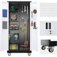 thumbnail image 1 of Broom Closet Storage Cabinet with Wheels and Pegboard,Metal Garage Storage Cabinet with Doors and Adjustable Shelves for Garage Home Office,Required Assembly,Black and White, 1 of 17