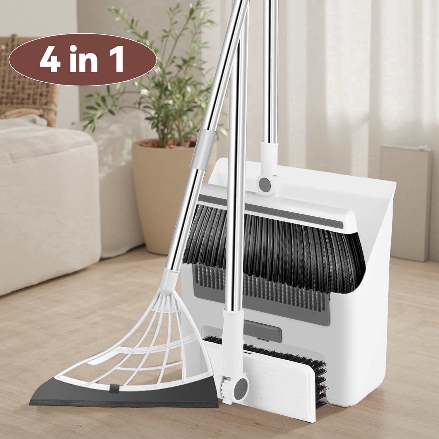 SZZJKJ Silicone Broom and Dustpan Set, Long Handle, 4-in-1 Floor Scrub Brush, White  50'')