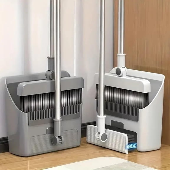 Broom with Dustpan Combo Set, 3 in 1 Brooms for Sweeping Indoor and Push Broom Outdoor with Dust Pan, 14.2 to 46.8 inch Adjustable Long Handle Broom and Dustpan Set (Gray) (Gray)