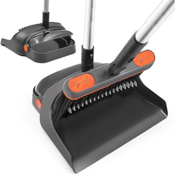 Broom with Dustpan Combo Set, 54'' Extendable Long Handle Broom, 180 Degree Rotating Brush Indoor Sweeping, Comb Teeth, Ideal for Home, Kitchen, Lobby, and Office