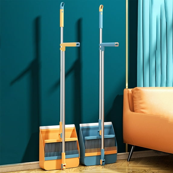 Broom and Dustpan Set with 180 Degree Rotation and Self-cleaning Teeth, Lightweight Non-absorbent Bristles and Standing Storage for Home, Apartment, and Rv Cleaning,Vsgery